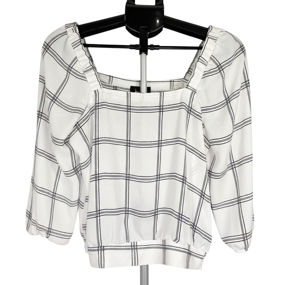 By‎ & By Plaid Blouse Women Small White Square Neck Smocked Hem Puff Sleeve